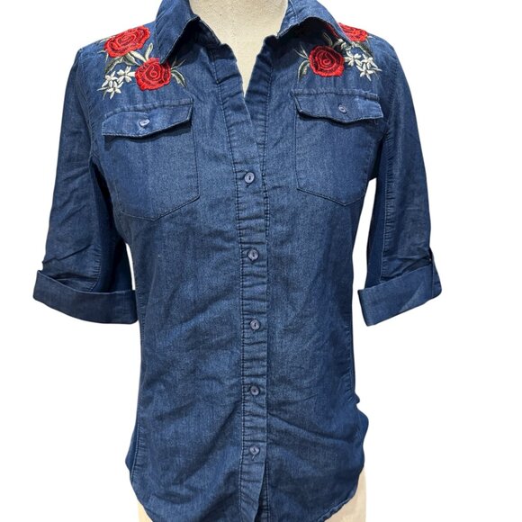 Vintage Calvalini Rose Embroidered Denim Western Shirt Women’s Size Small - Picture 1 of 4